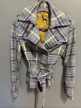 Rocket Cropped Plaid Belted Trench Coat in Blue and Yellow